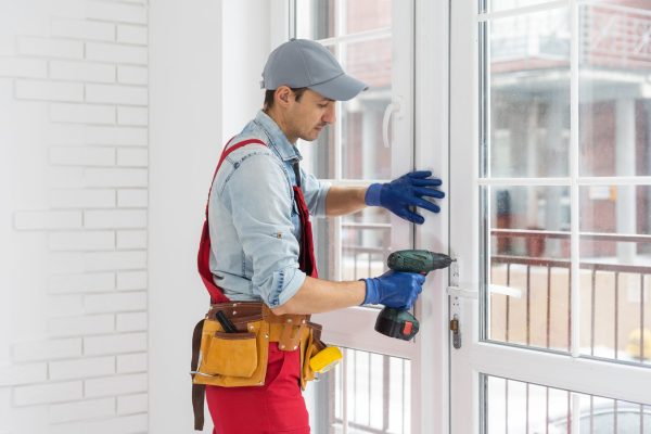 A man straightens a plastic window or door with a screwdriver